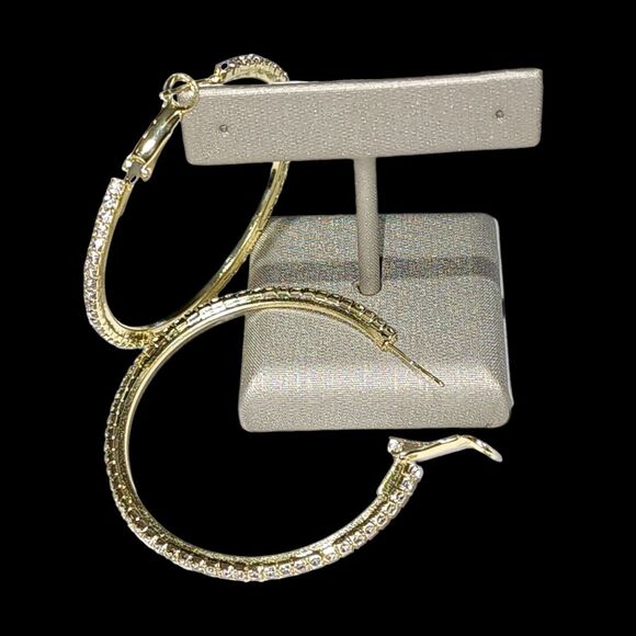 Bohemian Style Gold Plated Round Pave Rhinestone Oversized‎ Hoop Earrings 1.9in - Picture 15 of 16